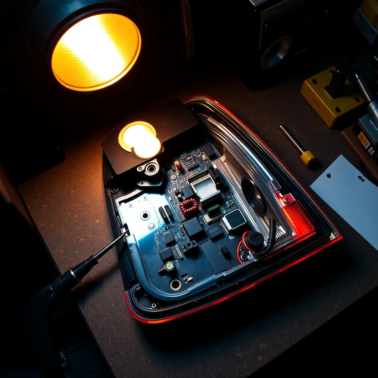 Disassembled tail light on a workshop bench